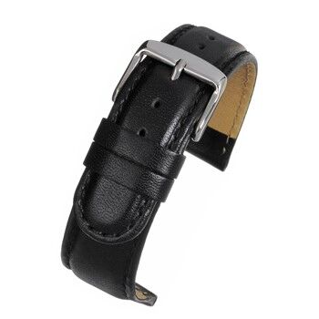 A BLACK PADDED EXTRA LONG (S) - WX100P/8 leather watch strap with a buckle.